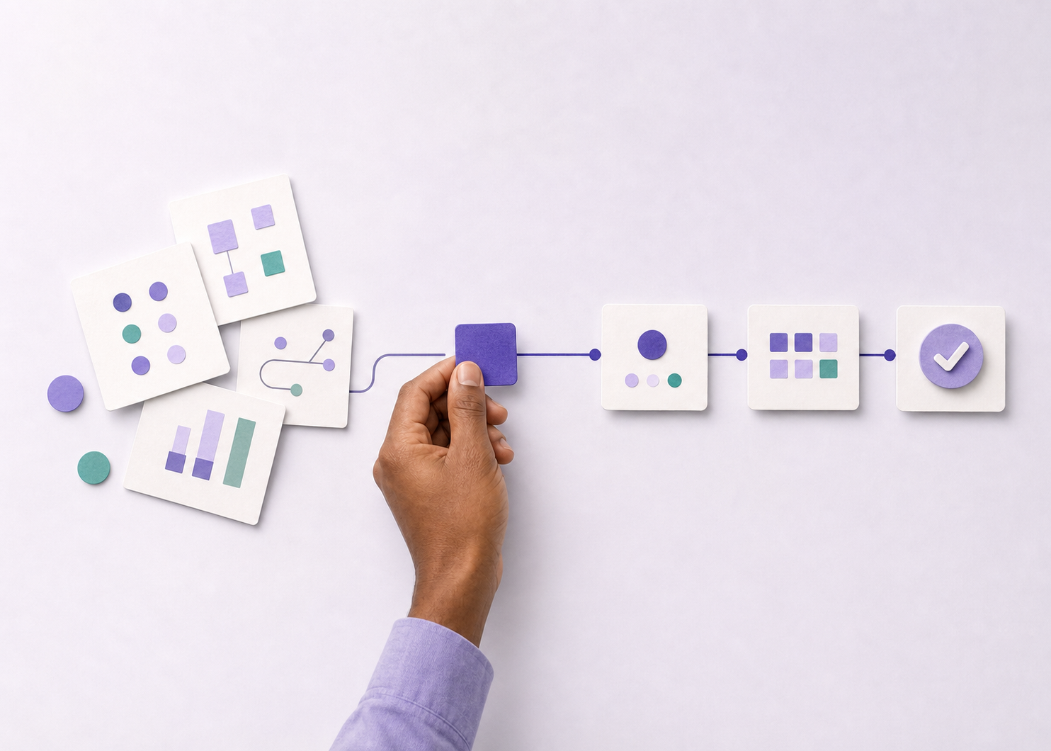 A hand connecting fragmented workflow cards into a clear sequence